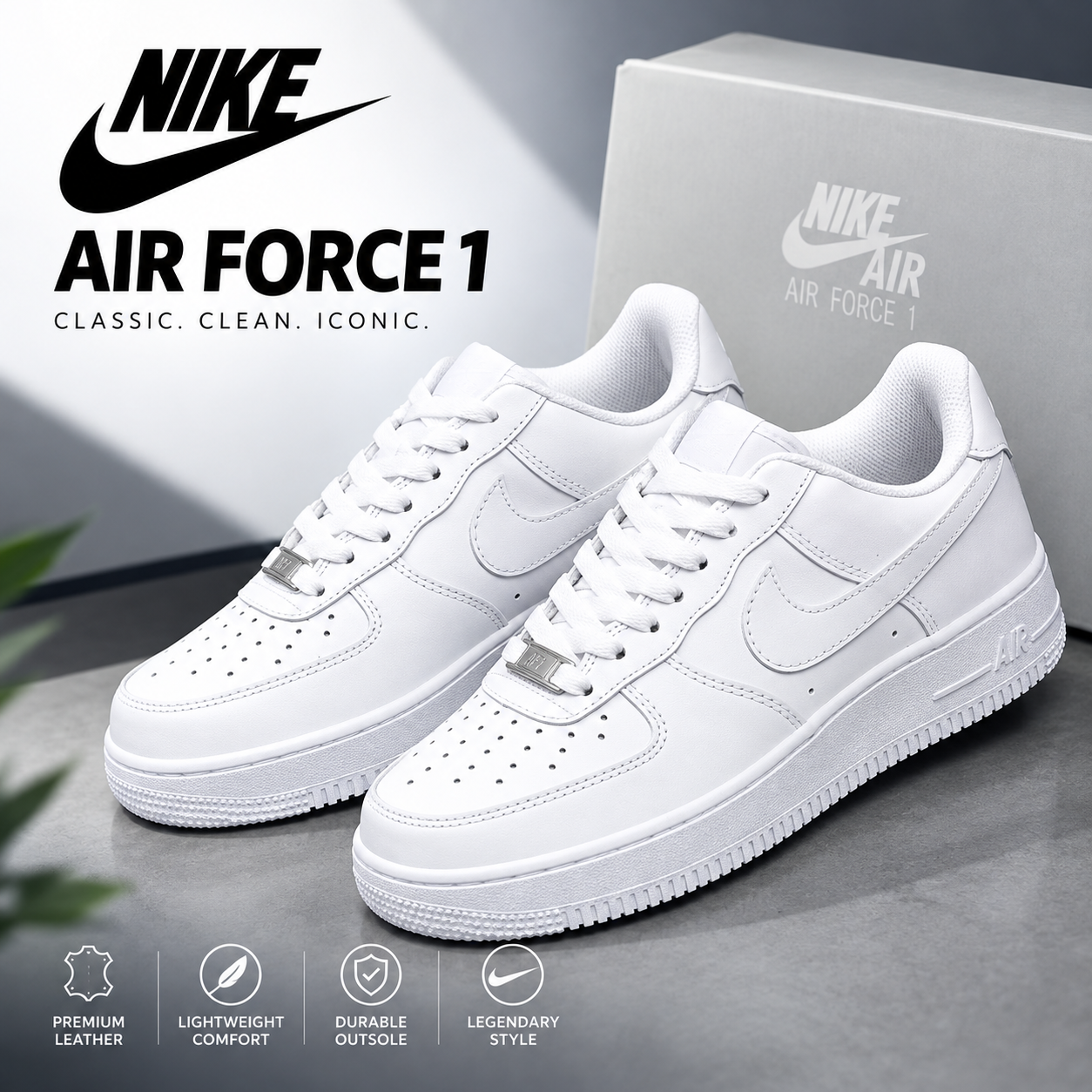 Men’s Classic White Sneakers – Minimalist Casual Shoes - Nike Air Force 1 - White